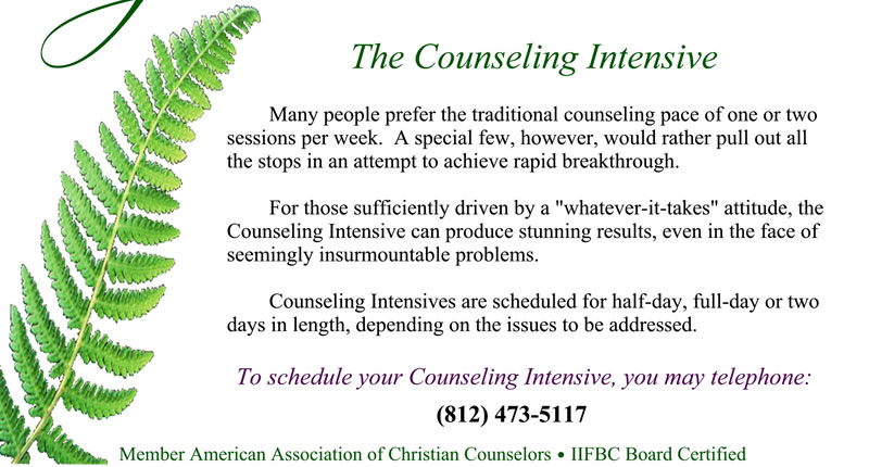 The Counseling Intensive - Many people prefer the traditional counseling pace of one or two sessions per week. A special few, however, would rather pull out all the stops in an attempt to achieve rapid breakthrough. For those sufficiently driven by a whatever-it-takes attitude, the Counseling Intensive can produce stunning results, even in the face of seeming insurmountable problems. Counseling Intensives are scheduled for half-day, full-day or two days in length, depending on the issues to be addressed. DrJudith will arrange to set aside this block of time for you at no addition to her normal rate of $120/hour. To schedule your Counseling Intensive, you may telephone: (812) 473-5117